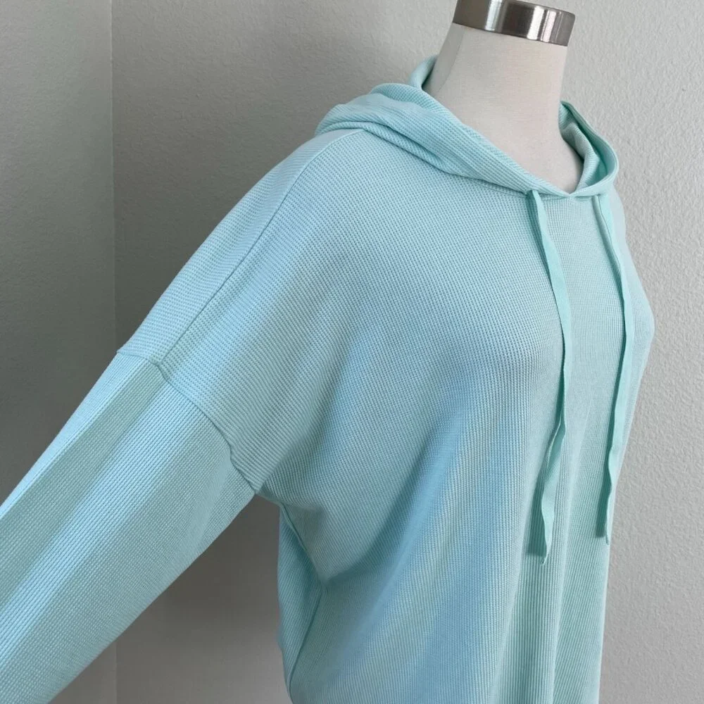 Eileen Fisher Womens XL Cozy Waffle Knit Hooded Top Boxy Fit Pullover‎ Mint